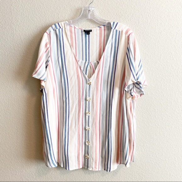 Torrid BLUE MULTI STRIPE GAUZE BUTTON FRONT BLOUSE - Picture 2 of 6